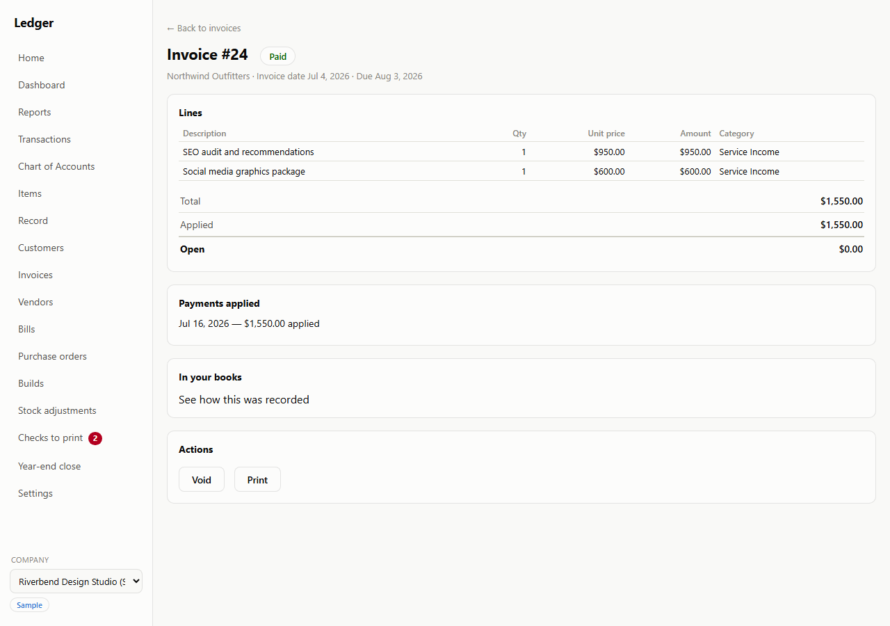 Invoice #24 for the customer Northwind Outfitters, badged Paid, dated Jul 4 2026 and due Aug 3 2026. Two lines — an SEO audit at $950.00 and a social media graphics package at $600.00, both categorized Service Income — total $1,550.00, with $1,550.00 applied and $0.00 open. Below sit a Payments applied panel reading Jul 16 2026 — $1,550.00 applied, an In your books panel offering to show how this was recorded, and Void and Print buttons.