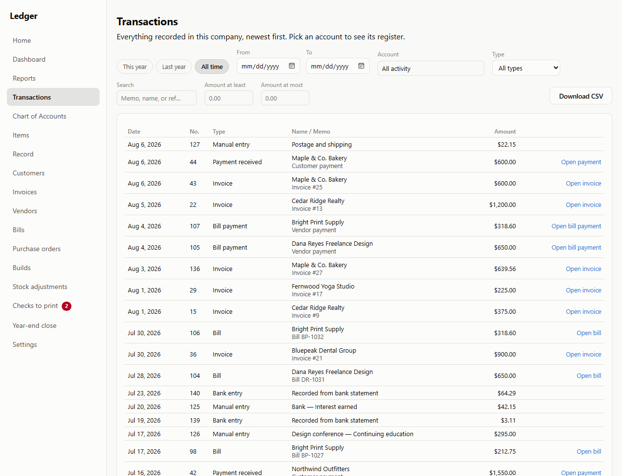 The Transactions screen, subtitled: everything recorded in this company, newest first — pick an account to see its register. A row of filters offers This year, Last year and All time buttons, from and to dates, an account picker set to All activity, a type picker set to All types, a memo search box, minimum and maximum amount boxes, and a Download CSV button. The list below mixes manual entries, invoices, bills, bill payments, payments received and bank entries, each with a date, number, type, customer or vendor name, memo and amount.